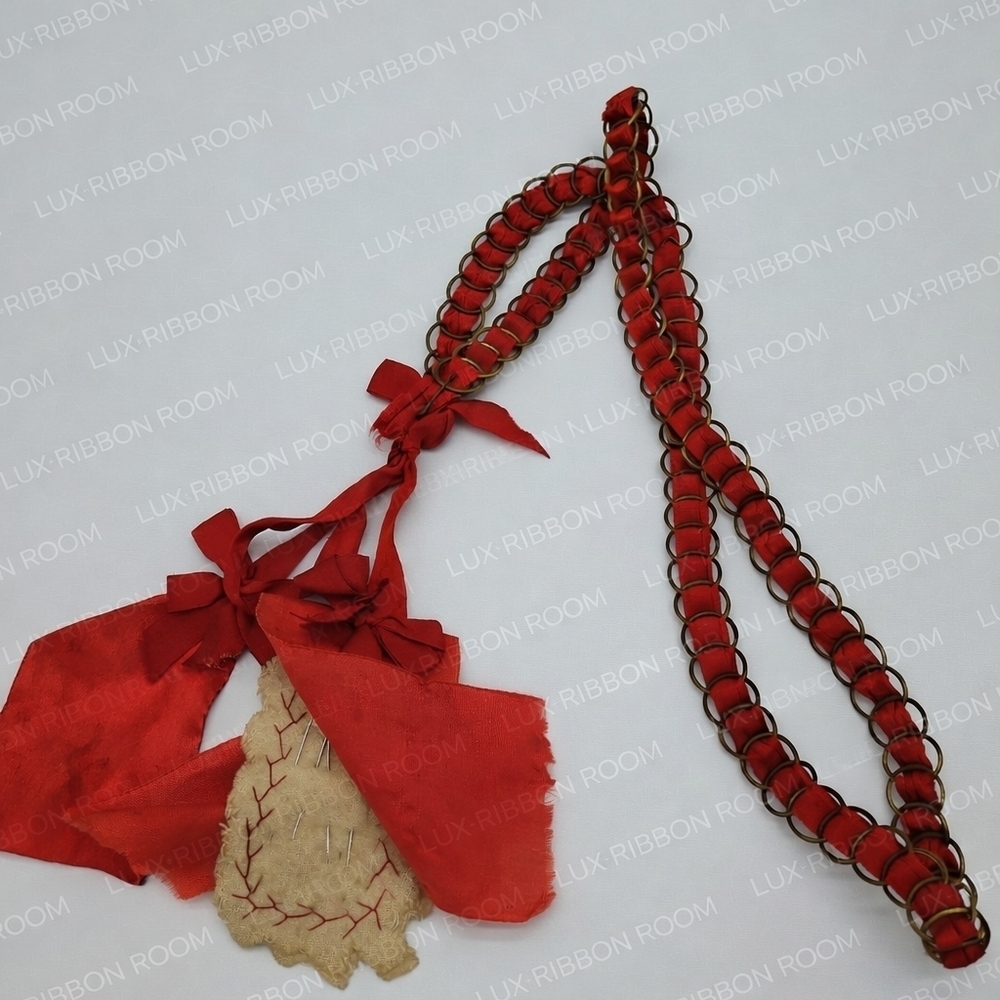 ANTIQUE Shaker Red Silk Ribbon & Brass Ring Chatelaine Cira 1850-1880